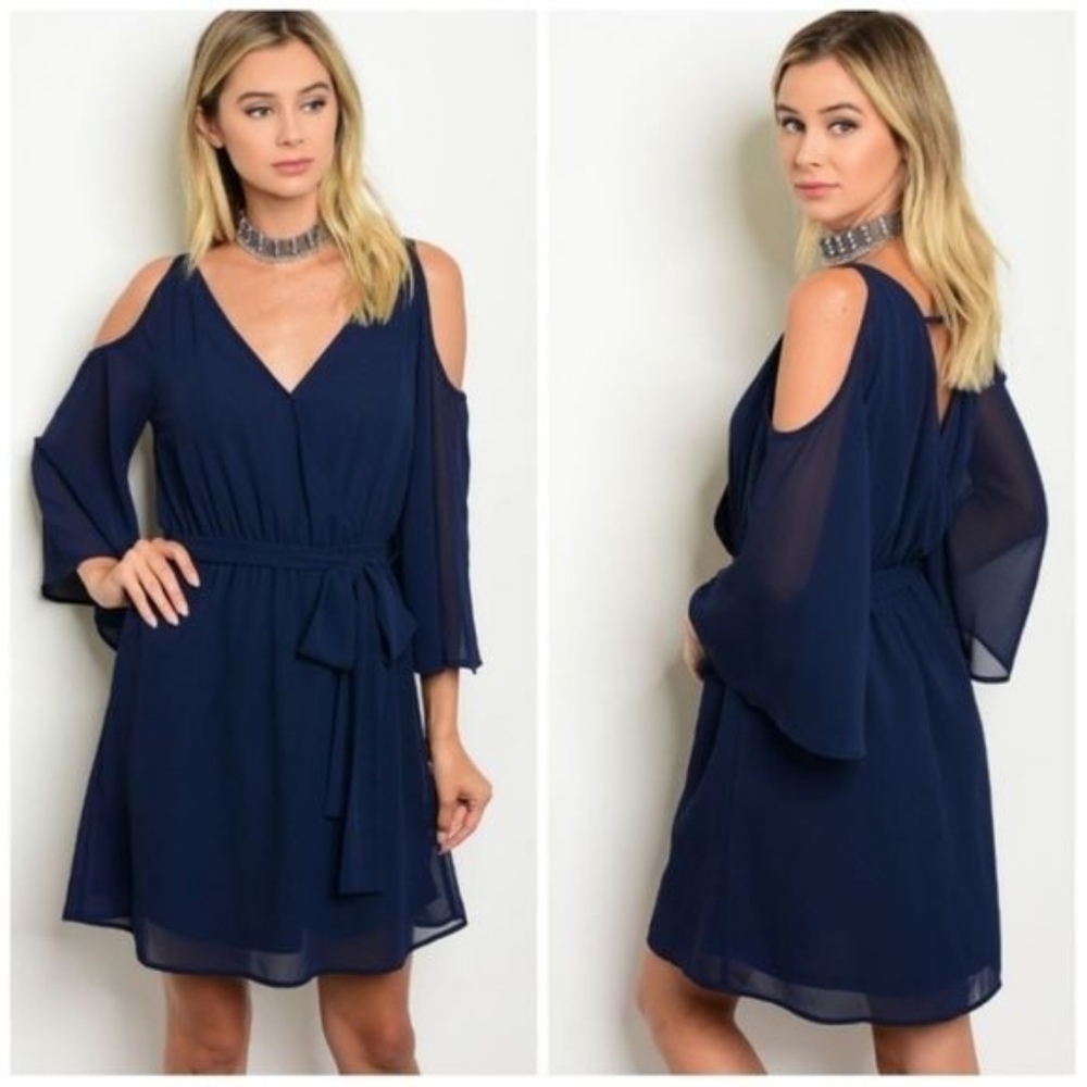 NWT Miss California Navy Blue Cold Shoulder Dress Size Small